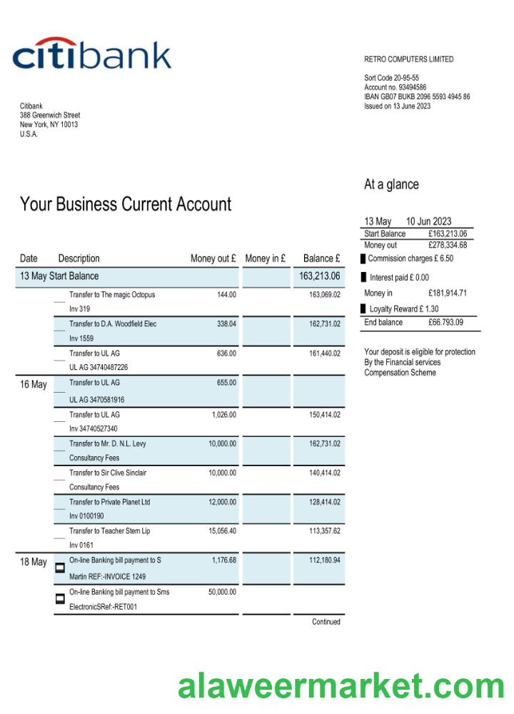 Citibank bank business account statement Word and PDF template